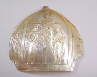 antique engraved hand carved mother of pearl shell Jesus Christ on the cross