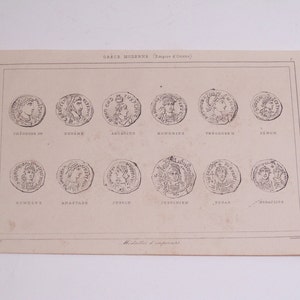 antique 1850 original engraving, gravure, Byzantine emperors medals