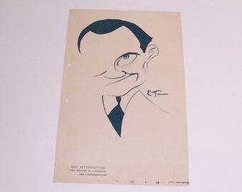 antique lithographie de gravure originale, gravure - Acteur grec Vasilis Argyropoulos par E. Papadimitriou