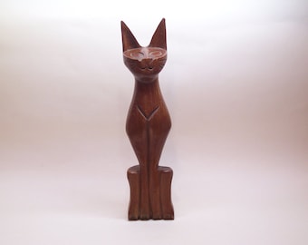 vintage wooden hand carved cat statuette
