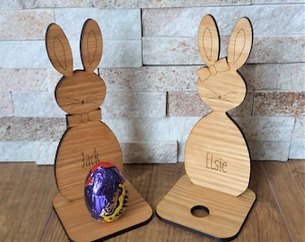 Personalised Bunny Egg Holder - Oak Veneer - Easter Present - 2 Stands - Egg not included