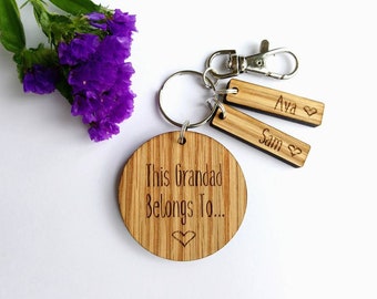 Fathers Day Key Ring - Personalised This Grandad Belongs to.. Disc - Laser Engraved Oak - Dad, Grandad, Pops, Grandpa, Daddy etc