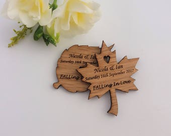 Wooden Save The Date Magnet - Leaf Shape - Rustic Wedding- Autumn Wedding- Personalised Autumnal Wedding stationary- Autumnal Wedding Invite