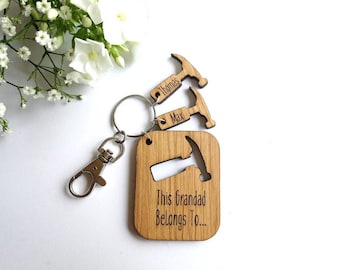 This Grandad Belongs to.. Key Ring - Personalised Hammer - Laser Engraved Oak - Dad, Grandad, Pops, Grandpa, Daddy etc