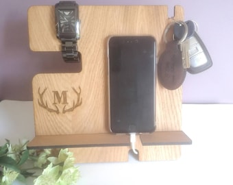 Mens Wooden Phone organiser - Personalised phone holder - Bedside organiser - Phone Storage - wooden organiser