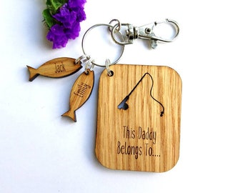 Fishing Key Ring - This Daddy Belongs to.. - Personalised Fishing Rod Key Chain - Laser Engraved Oak - Dad, Grandad, Pops, Grandpa,Daddy etc