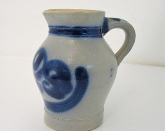 Miniature  Crock Salt Glaze with Handle Miniature  Salesman's  Sample size.  Finger Painted in Cobalt  Blue Paint  Decoration
