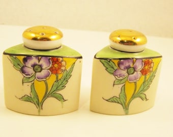 Art Deco  Salt & Pepper Shakers Cruet Set   Gold Top Hand Painted   Flower Decorated  Made in Japan