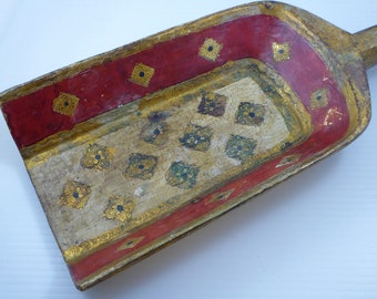 Ornate Wood Decorated Shovel / Scoop Red and Gold Styling Vintage piece.  Religious  / Masonic/ Decorative?