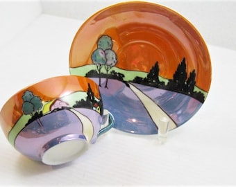 Japanese  Art Deco Cup & Saucer Hand painted  Country Scene. Made in Japan