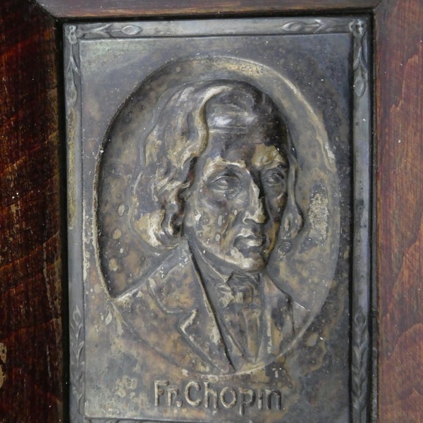 Frederic Chopin  Composer 1810-1849  Miniature Portrait in Metal in Wooden Frame  Vintage