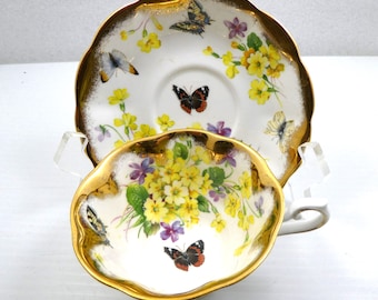 Butterfly Cup and Saucer Royal Albert Decorated with Butterflies and Flowers Heavy Gold Trim Made in England