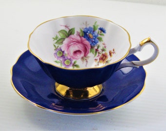 Royal Blue and Gold Floral Cup and  Saucer with Gold Trim   Vintage Queen Anne  Bone China . Made in England