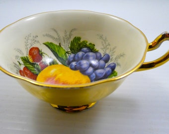 Gold Fruit Decorated Cup and Saucer Vintage  Hand Painted Strawberries Apple Grapes  Made in England