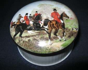 Trinket Jewelry Box  Horses Riders Top Hats and Red Hunting Coats Covered Jewelry Porcelain  Box. Artist Signed J.F.Herring .