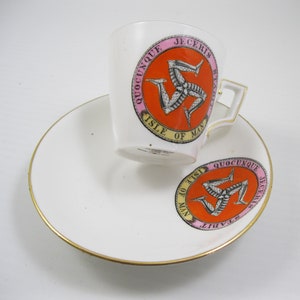 Isle of Man England   Demitasse Cup and Saucer Souvenir  Three Legged Man. Coffee Cup Foley Co. England