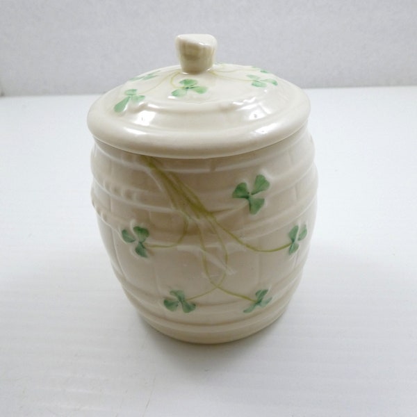 Irish Pottery Belleek Barrel Jam / Honey  Pot with Lid.  Made in Ireland