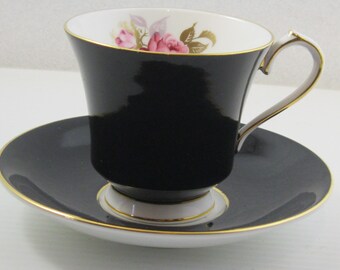 Aynsley Black Cup Set with Red Rose Flower Cup #2964  Gold Trim  Porcelain  Made in  England