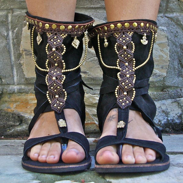 Ethnic shoes black and brown, Macramè sandals, Ethnic sandals, Leather sandals