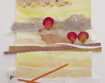 Collage on watercolor painting, original with Japanese handmade paper, contemporary abstract, yellow,peach,red, rose petals,browns,lavender