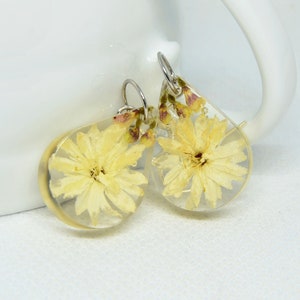 Pressed flower white earrings, Wedding dried flower earrings, Resin real flower jewelry