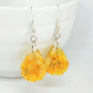 Real flower yellow earrings, Dried flower earrings, Resin pressed flower jewelry, Handcrafted gift for woman