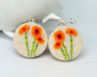 Orange flower embroidered earrings, Floral nature jewelry, Handcrafted holiday gift
