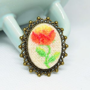 Red peony embroidered brooch, Cross stitch floral jewelry, Handcrafted nature gift for woman