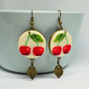 Red cherry embroidered earrings Gift for garden lover Modern jewelry with leaf charm Birthday gift for woman image 1