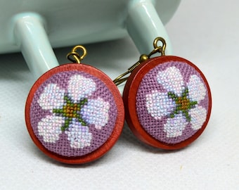 Embroidered Flower Earrings: Cross Stitch Wooden Jewelry