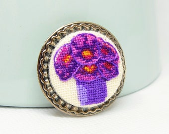 Violet flower embroidered brooch, Cross stitch floral bouquet jewelry, Handcrafted modern gift for her