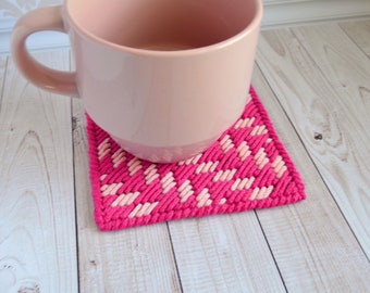 Embroidered coaster, Cotton pink mug rug, Kitchen home decor