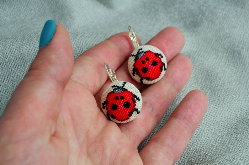 Red ladybug earrings Cross stitch jewelry Women gift Embroidered jewelry Red fabric jewelry Handcrafted round earrings