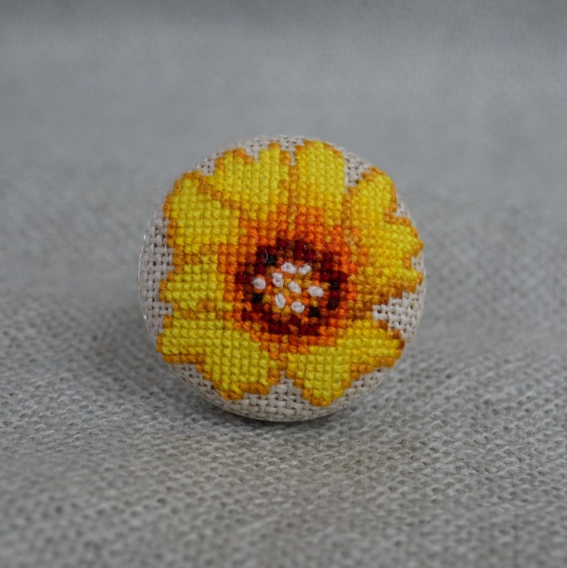 Yellow flower embroidered ring Cross stitch dainty jewelry Handcrafted nature floral birthday gift for her