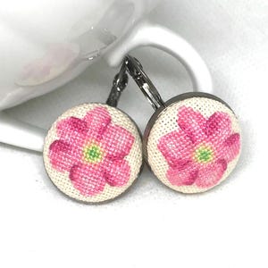 Embroidered earrings with pink flower, best gift for women, round floral jewelry with cross stitch