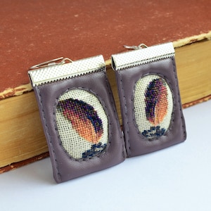 Feather fabric dark earrings, Cross stitch plum jewelry, Handcrafted rectungle gift for writer