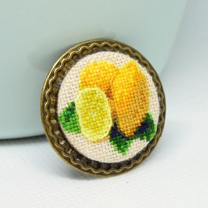 Yellow lemon embroidered brooch, Round fabric brooch for woman