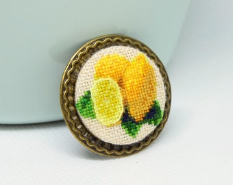 Yellow lemon embroidered brooch, Round fabric brooch for woman