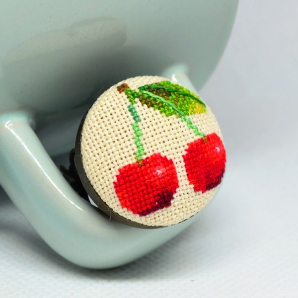 Red cherry embroidered ring Garden lover gift for her Modern boho jewelry Birthday gift for woman