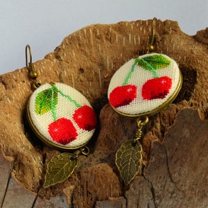 Red cherry embroidered earrings Gift for garden lover Modern jewelry with leaf charm Birthday gift for woman image 3