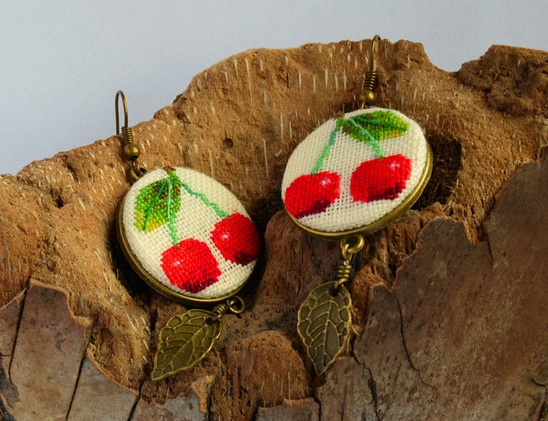 Red cherry embroidered earrings Gift for garden lover Modern jewelry with leaf charm Birthday gift for woman image 3