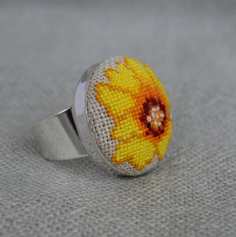 Yellow flower embroidered ring Cross stitch dainty jewelry Handcrafted nature floral birthday gift for her