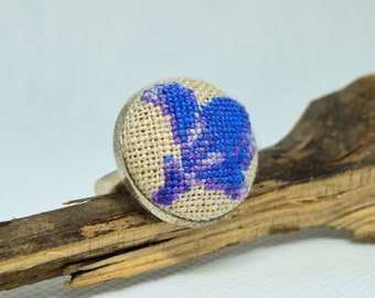 Embroidered ring with blue flower, best gift for women, round floral ring with cross stitch