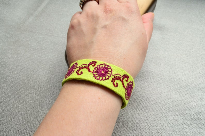 Burgundy flower linen bracelet Light green nature gift for woman Cross stitch fabric floral jewelry