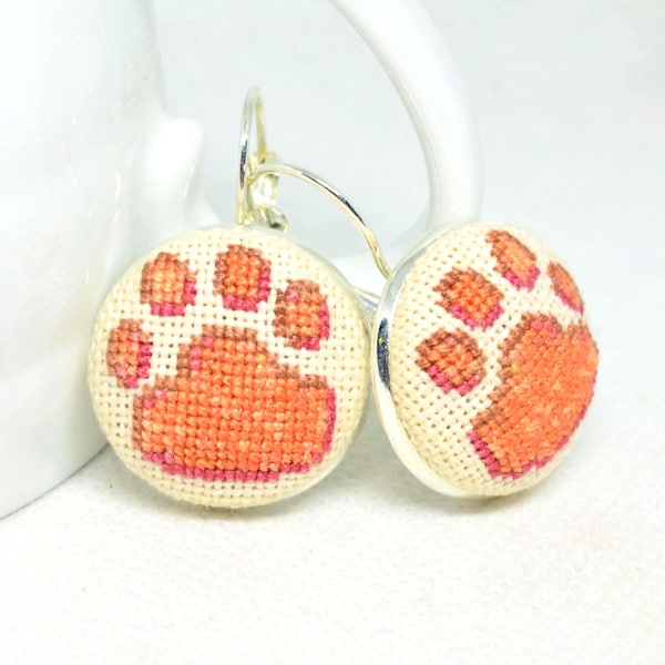 Cat Paw Earrings with Cross Stitch Embroidery, Gift for Cat Lovers, Catcore Cottagecore and Kawaii Jewelry