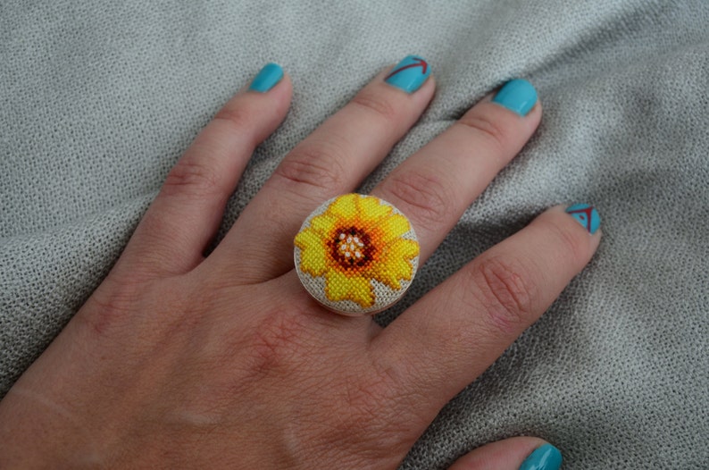 Yellow flower embroidered ring Cross stitch dainty jewelry Handcrafted nature floral birthday gift for her