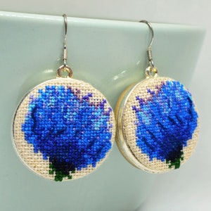 Blue flower embroidered earrings, Nature flower cross stitch jewelry, Handcrafted dainty gift for women