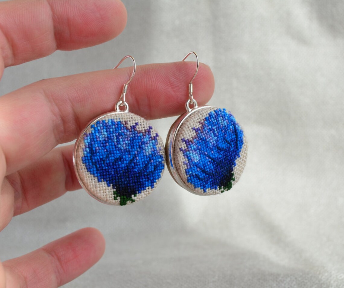 Blue Flower Embroidered Earrings Nature Flower Cross Stitch Etsy