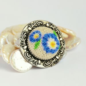 Blue flower embroidered brooch, Cross stitch floral jewelry, Handcrafted nature gift for woman