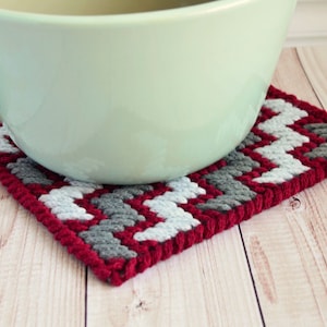 Embroidered coaster, Cotton red gray mug rug, Kitchen home decor